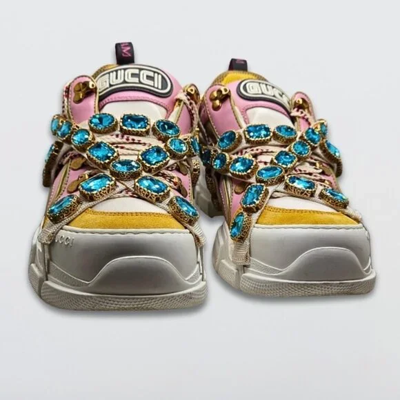 Gucci Journey Flashtrek Crystal Sneakers Jewel Chunky Sole Pink/Yellow/White - Picture 4 of 14